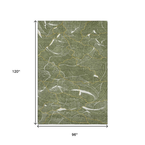 8' X 10' Olive Green Ivory And Gold Abstract Washable Area Rug With UV Protection
