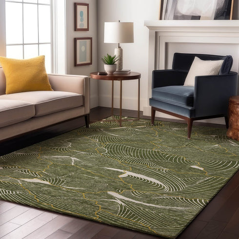 8' X 10' Olive Green Ivory And Gold Abstract Washable Area Rug With UV Protection