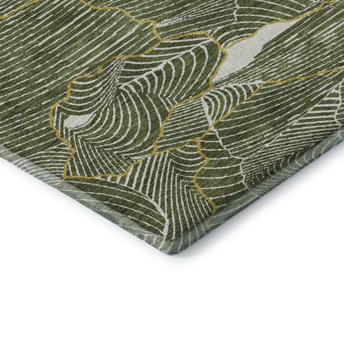 8' X 10' Olive Green Ivory And Gold Abstract Washable Area Rug With UV Protection