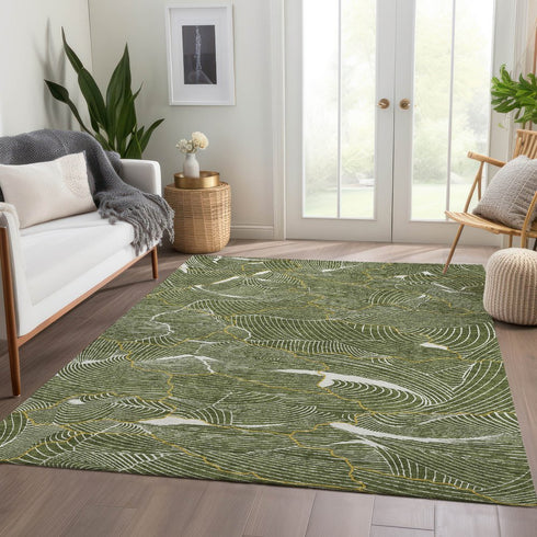 8' X 10' Olive Green Ivory And Gold Abstract Washable Area Rug With UV Protection