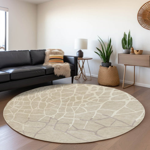 8' Beige Ivory And Taupe Abstract Geometric Washable Round Rug With UV Protection