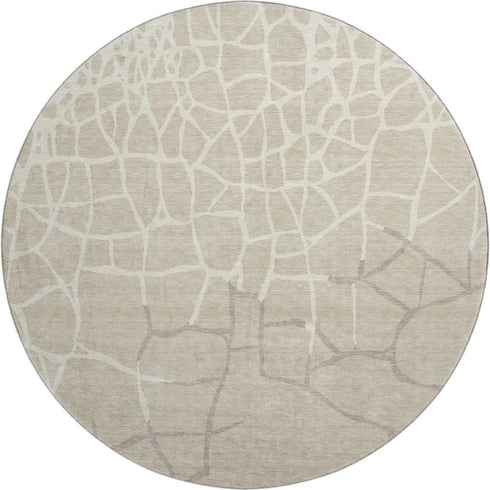 8' Beige Ivory And Taupe Abstract Geometric Washable Round Rug With UV Protection
