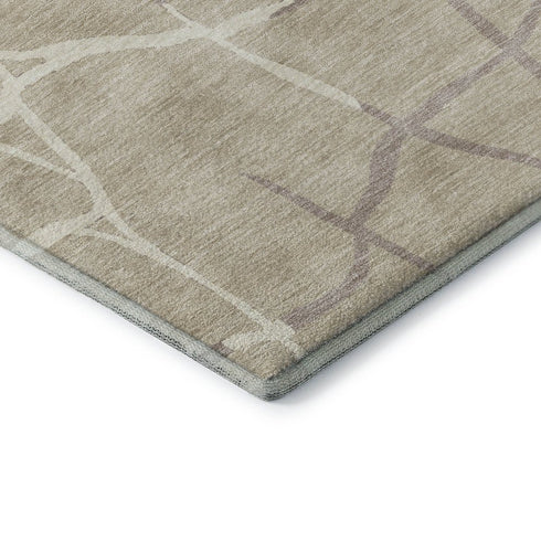 8' Beige Ivory And Taupe Abstract Geometric Washable Round Rug With UV Protection