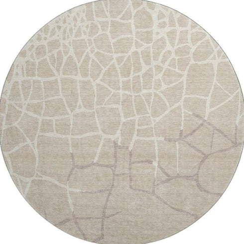 8' Beige Ivory And Taupe Abstract Geometric Washable Round Rug With UV Protection