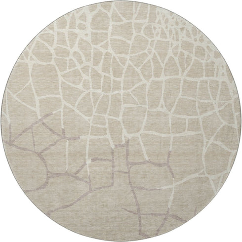 8' Beige Ivory And Taupe Abstract Geometric Washable Round Rug With UV Protection
