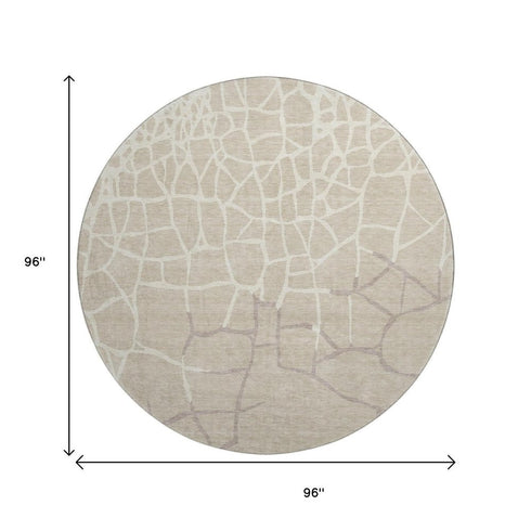 8' Beige Ivory And Taupe Abstract Geometric Washable Round Rug With UV Protection
