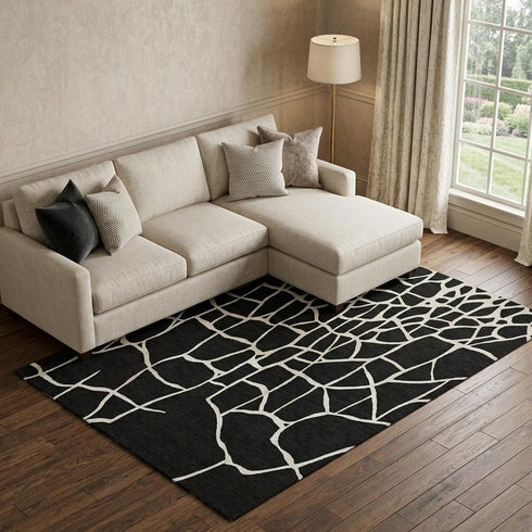 8' X 10' Black And Ivory Abstract Geometric Washable Area Rug With UV Protection