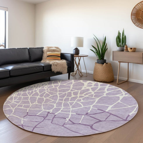 8' Lavender And Ivory Abstract Geometric Washable Round Rug With UV Protection