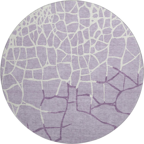 8' Lavender And Ivory Abstract Geometric Washable Round Rug With UV Protection