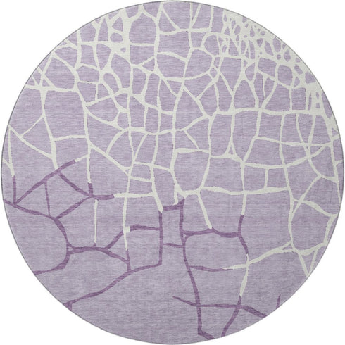 8' Lavender And Ivory Abstract Geometric Washable Round Rug With UV Protection