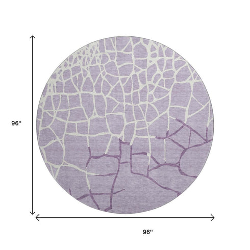8' Lavender And Ivory Abstract Geometric Washable Round Rug With UV Protection