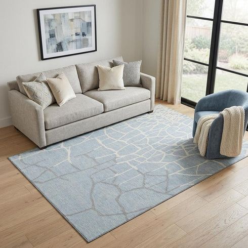 5' X 8' Sky Blue Ivory And Gray Abstract Geometric Washable Area Rug With UV Protection