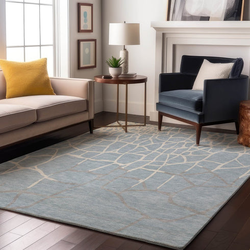 8' X 10' Sky Blue Ivory And Gray Abstract Geometric Washable Area Rug With UV Protection