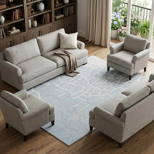 8' X 10' Sky Blue Ivory And Gray Abstract Geometric Washable Area Rug With UV Protection
