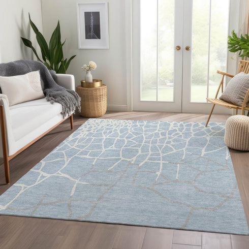 8' X 10' Sky Blue Ivory And Gray Abstract Geometric Washable Area Rug With UV Protection