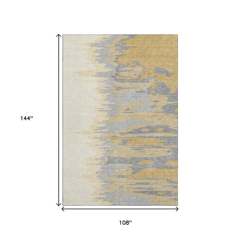 9' X 12' Gold Ivory And Gray Abstract Washable Area Rug With UV Protection