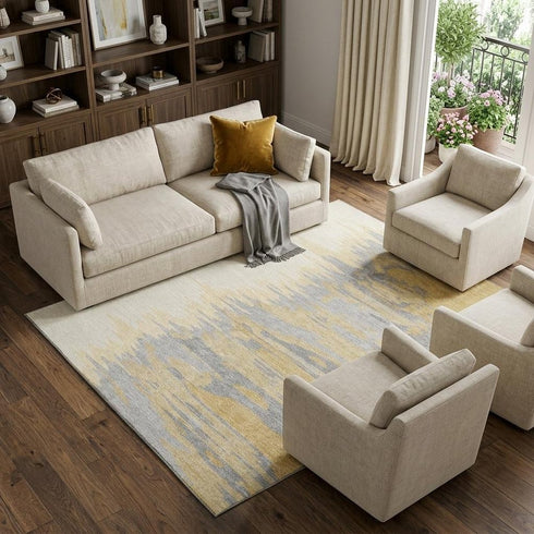 9' X 12' Gold Ivory And Gray Abstract Washable Area Rug With UV Protection