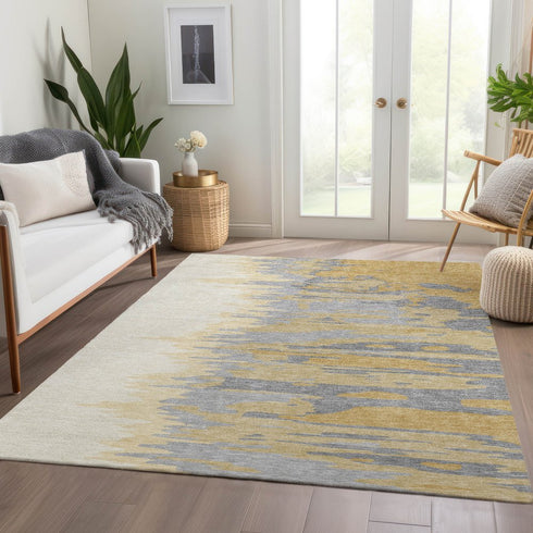 9' X 12' Gold Ivory And Gray Abstract Washable Area Rug With UV Protection