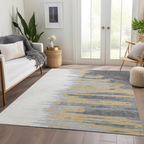 9' X 12' Gray Gold And Ivory Abstract Washable Area Rug With UV Protection