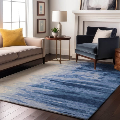9' X 12' Navy Blue And Ivory Abstract Washable Area Rug With UV Protection