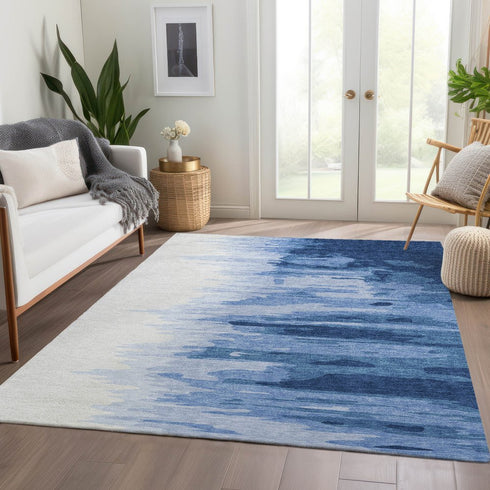 9' X 12' Navy Blue And Ivory Abstract Washable Area Rug With UV Protection