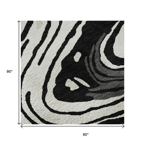 5' X 8' Black Ivory And Gray Abstract Washable Area Rug With UV Protection
