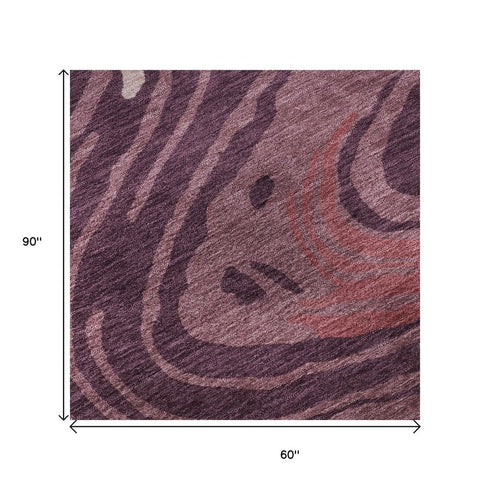 5' X 8' Burgundy Ivory And Blush Abstract Washable Area Rug With UV Protection