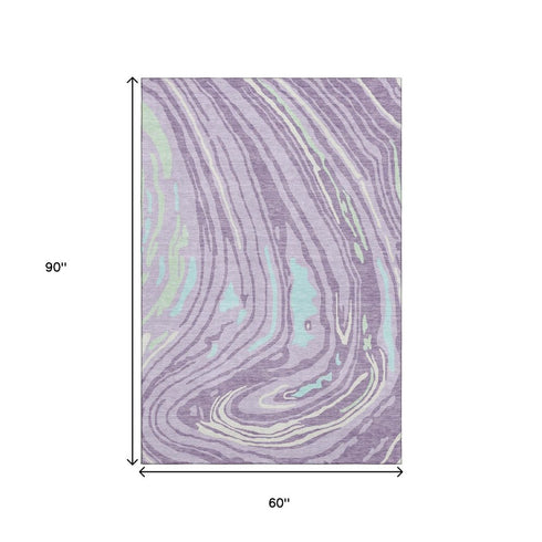 5' X 8' Lavender Mint Green And Sky Blue Abstract Washable Area Rug With UV Protection