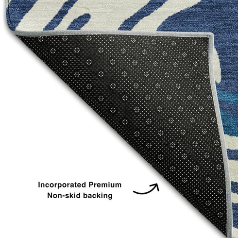 5' X 8' Navy Blue Ivory And Beige Abstract Washable Area Rug With UV Protection