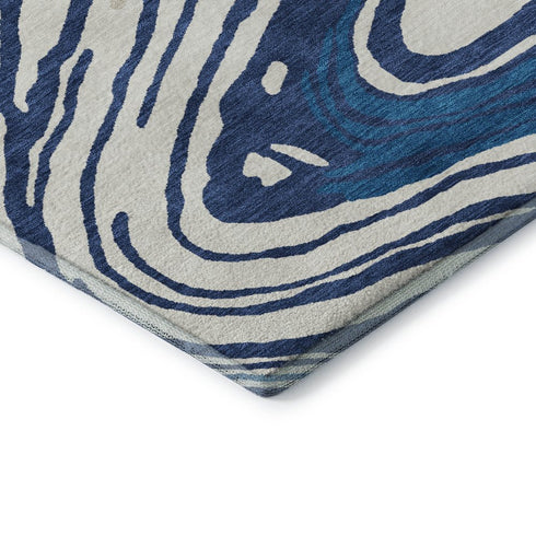 5' X 8' Navy Blue Ivory And Beige Abstract Washable Area Rug With UV Protection