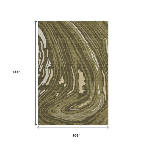 9' X 12' Olive Green Wheat And Ivory Abstract Washable Area Rug With UV Protection