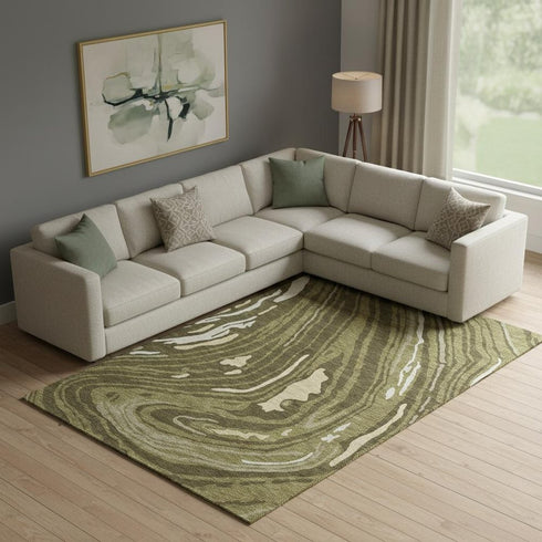 9' X 12' Olive Green Wheat And Ivory Abstract Washable Area Rug With UV Protection