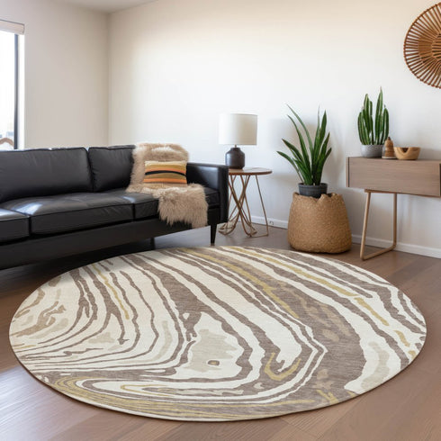 8' Taupe Ivory And Gold Abstract Washable Round Rug With UV Protection