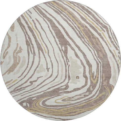 8' Taupe Ivory And Gold Abstract Washable Round Rug With UV Protection