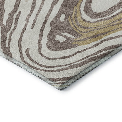 8' Taupe Ivory And Gold Abstract Washable Round Rug With UV Protection