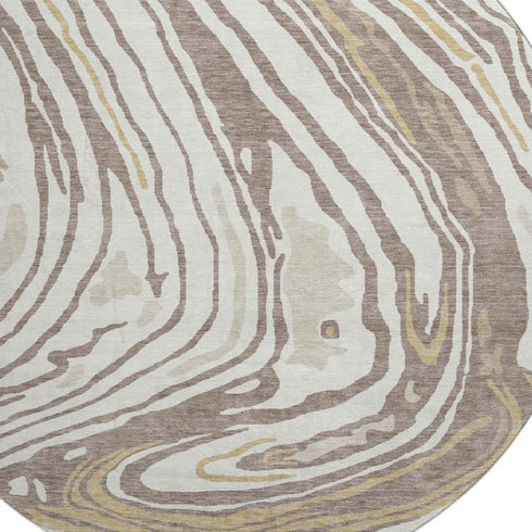 8' Taupe Ivory And Gold Abstract Washable Round Rug With UV Protection