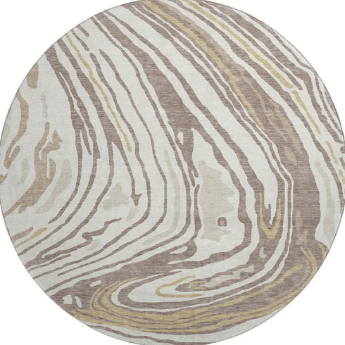 8' Taupe Ivory And Gold Abstract Washable Round Rug With UV Protection