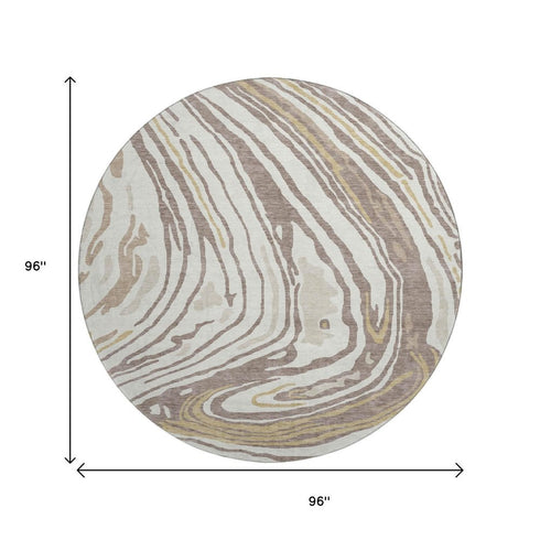 8' Taupe Ivory And Gold Abstract Washable Round Rug With UV Protection