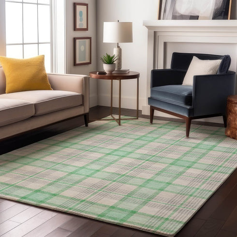 9' X 12' Aqua Ivory And Green Plaid Washable Area Rug With UV Protection