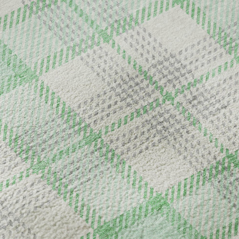 9' X 12' Aqua Ivory And Green Plaid Washable Area Rug With UV Protection