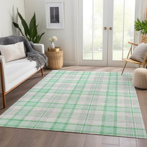 9' X 12' Aqua Ivory And Green Plaid Washable Area Rug With UV Protection