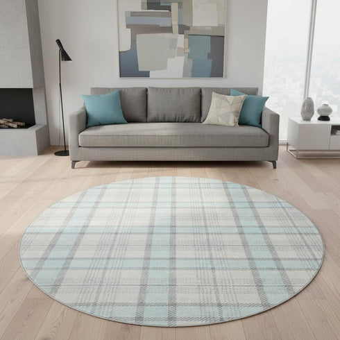 8' Sky Blue Ivory And Gray Plaid Washable Round Rug With UV Protection