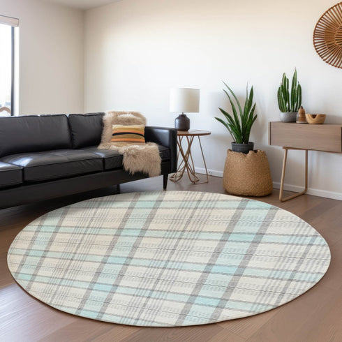 8' Sky Blue Ivory And Gray Plaid Washable Round Rug With UV Protection