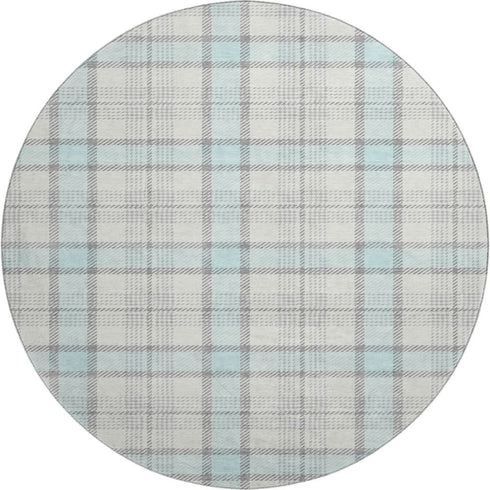 8' Sky Blue Ivory And Gray Plaid Washable Round Rug With UV Protection