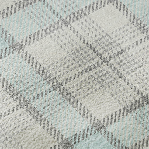 8' Sky Blue Ivory And Gray Plaid Washable Round Rug With UV Protection