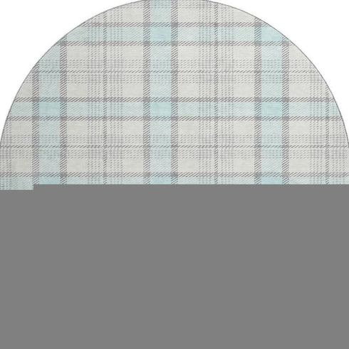 8' Sky Blue Ivory And Gray Plaid Washable Round Rug With UV Protection