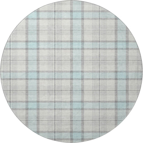 8' Sky Blue Ivory And Gray Plaid Washable Round Rug With UV Protection