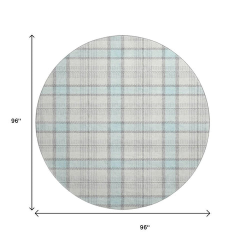 8' Sky Blue Ivory And Gray Plaid Washable Round Rug With UV Protection
