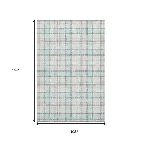9' X 12' Sky Blue Ivory And Gray Plaid Washable Area Rug With UV Protection