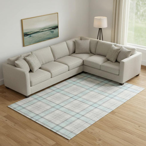 9' X 12' Sky Blue Ivory And Gray Plaid Washable Area Rug With UV Protection